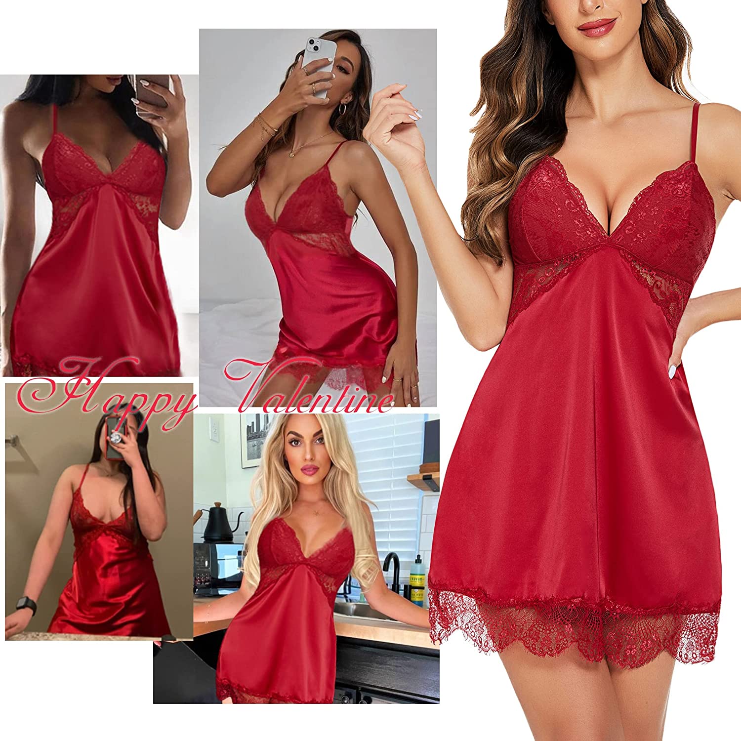 Avidlove Seidennachthemd Spitze Nachtwäsche Satin Ärmelloses Chemise Kleid