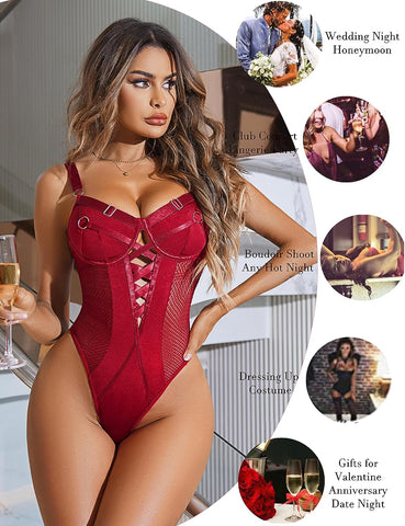 Avidlove Dessous-Body aus Netzstoff, Teddy, Bügel, Spitze, einteilig, Babydoll mit Druckknopf im Schritt, S-XXL 