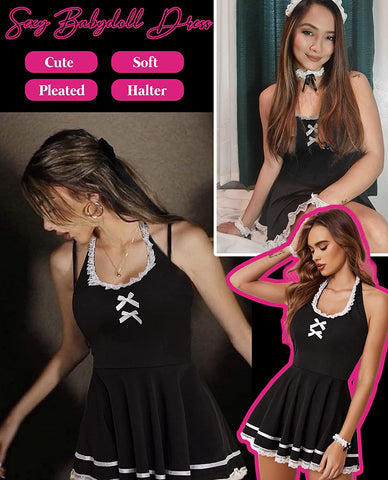 Disfraz de mucama de Avidlove para cosplay, lencería de encaje, babydoll, vestido de juego de rol con cuello halter 