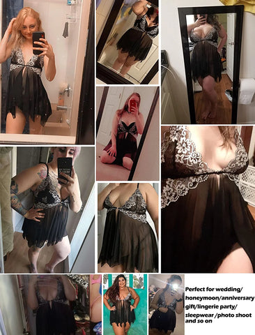 Avidlove Spitzen-Dessous, Frontverschluss, Babydoll, V-Ausschnitt, Nachtwäsche, Chemise, Nachthemd