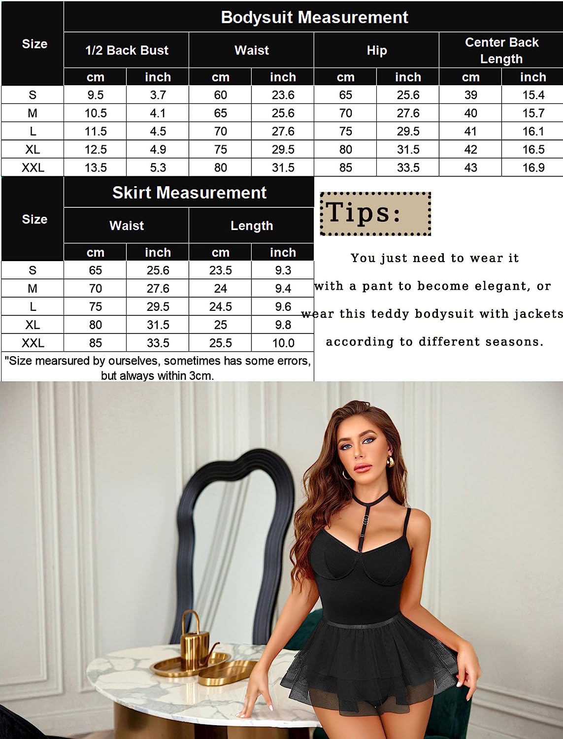 Avidlove Babydoll-Dessous für Druckknopf-Schritt, Chemise-Dessous-Set mit Neckholder-Choker, abnehmbarem Rock, Boudoir-Outfits 