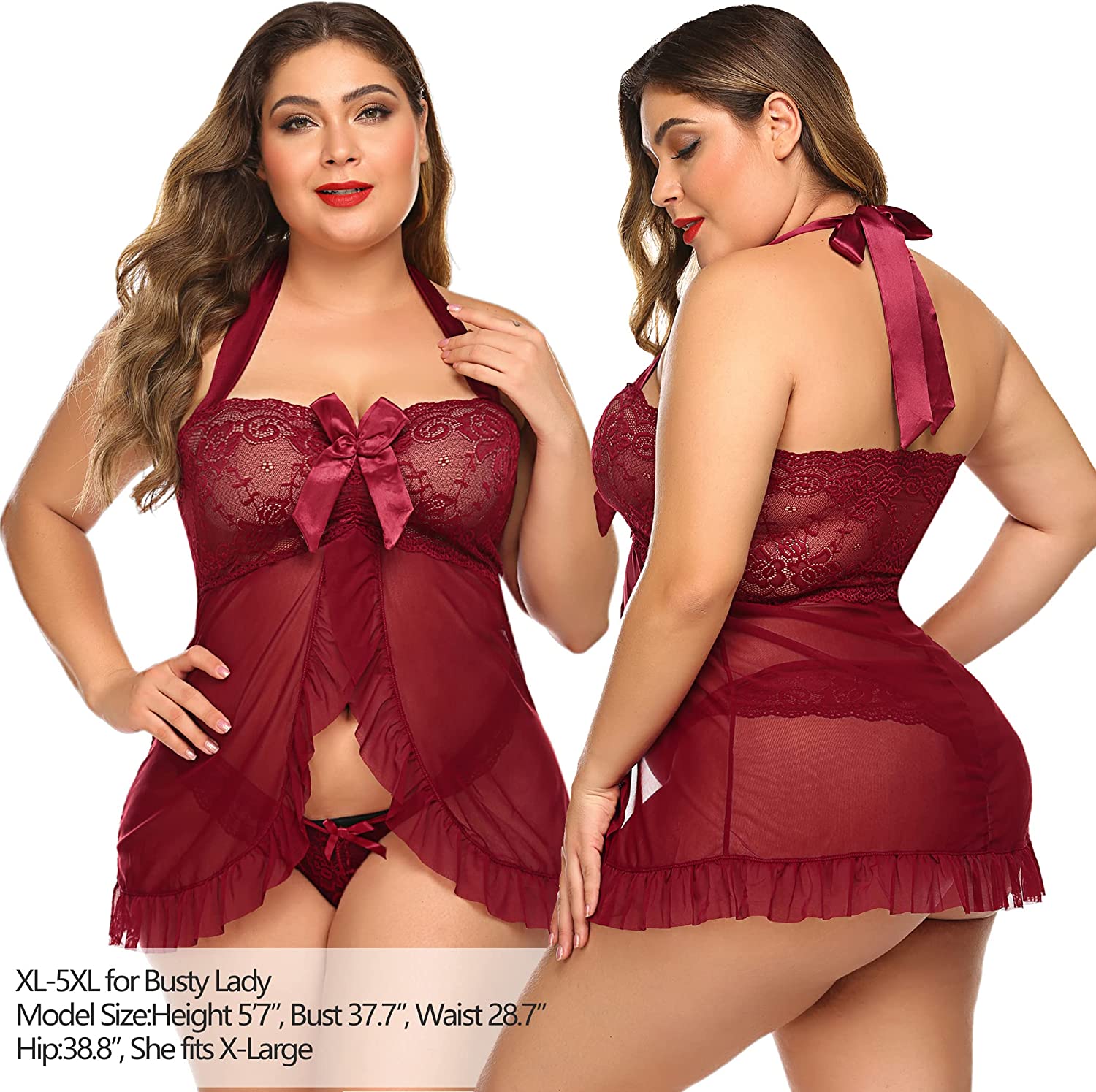 Lencería Avidlove para babydoll de encaje con abertura frontal, ropa de dormir con cuello halter, camisón Chemsie XS-5XL 