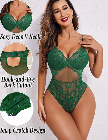 Avidlove Bodysuit mit Druckknopfverschluss im Schritt, Spitzen-Teddy-Dessous, einteilig, Dessous für Damen 