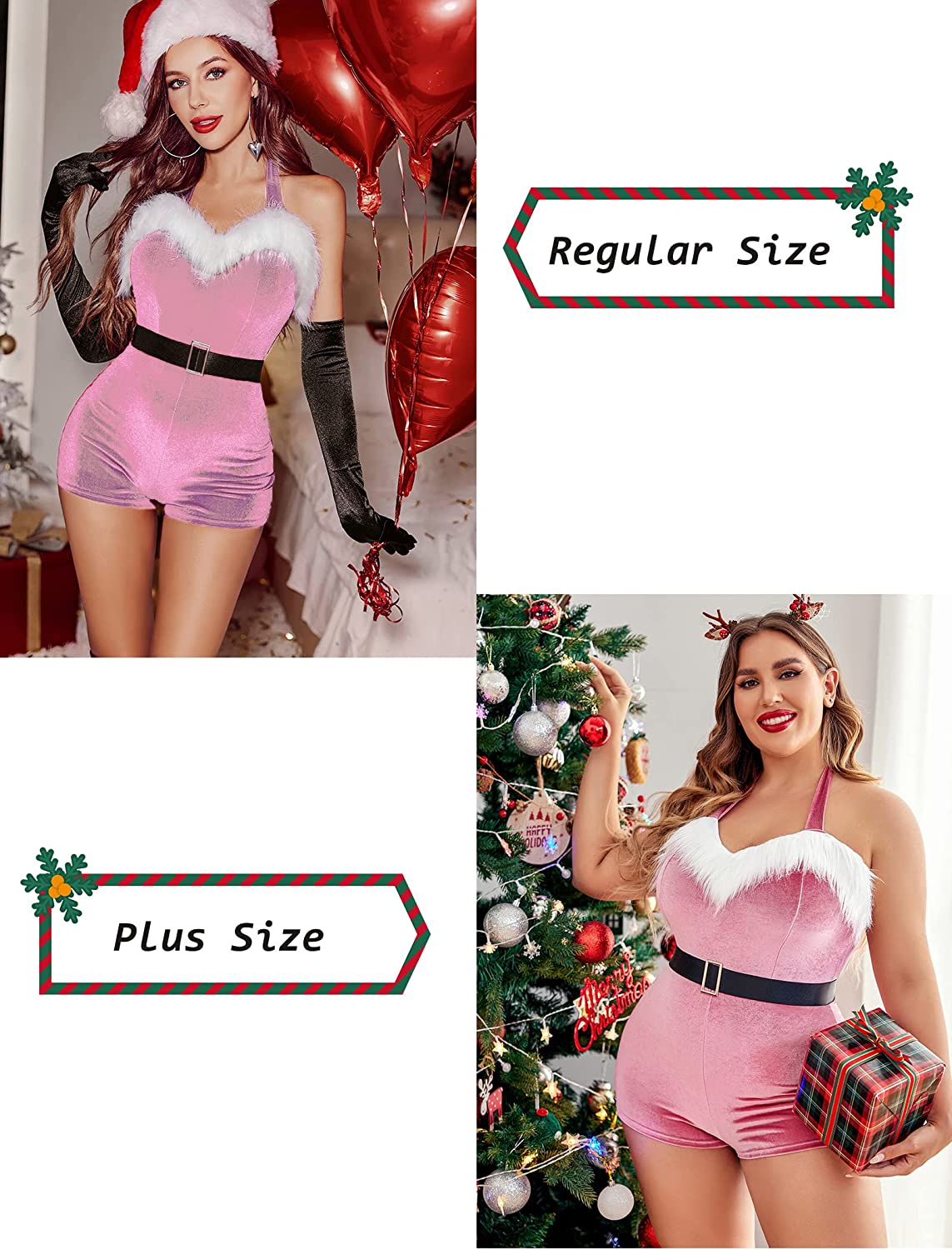 Avidlove Santa Costume Velvet Romper Christmas Shorts Bodysuit Lingerie with Belt