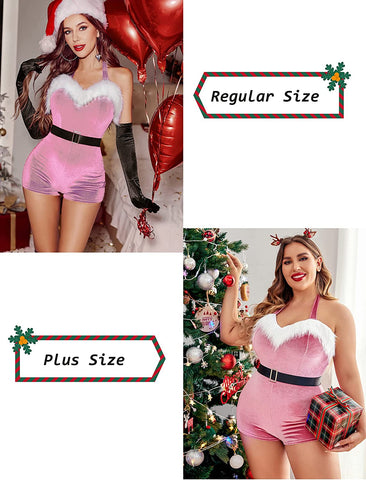 Avidlove Weihnachtsmann-Kostüm, Samt-Strampler, Weihnachts-Shorts, Bodysuit, Dessous mit Gürtel 