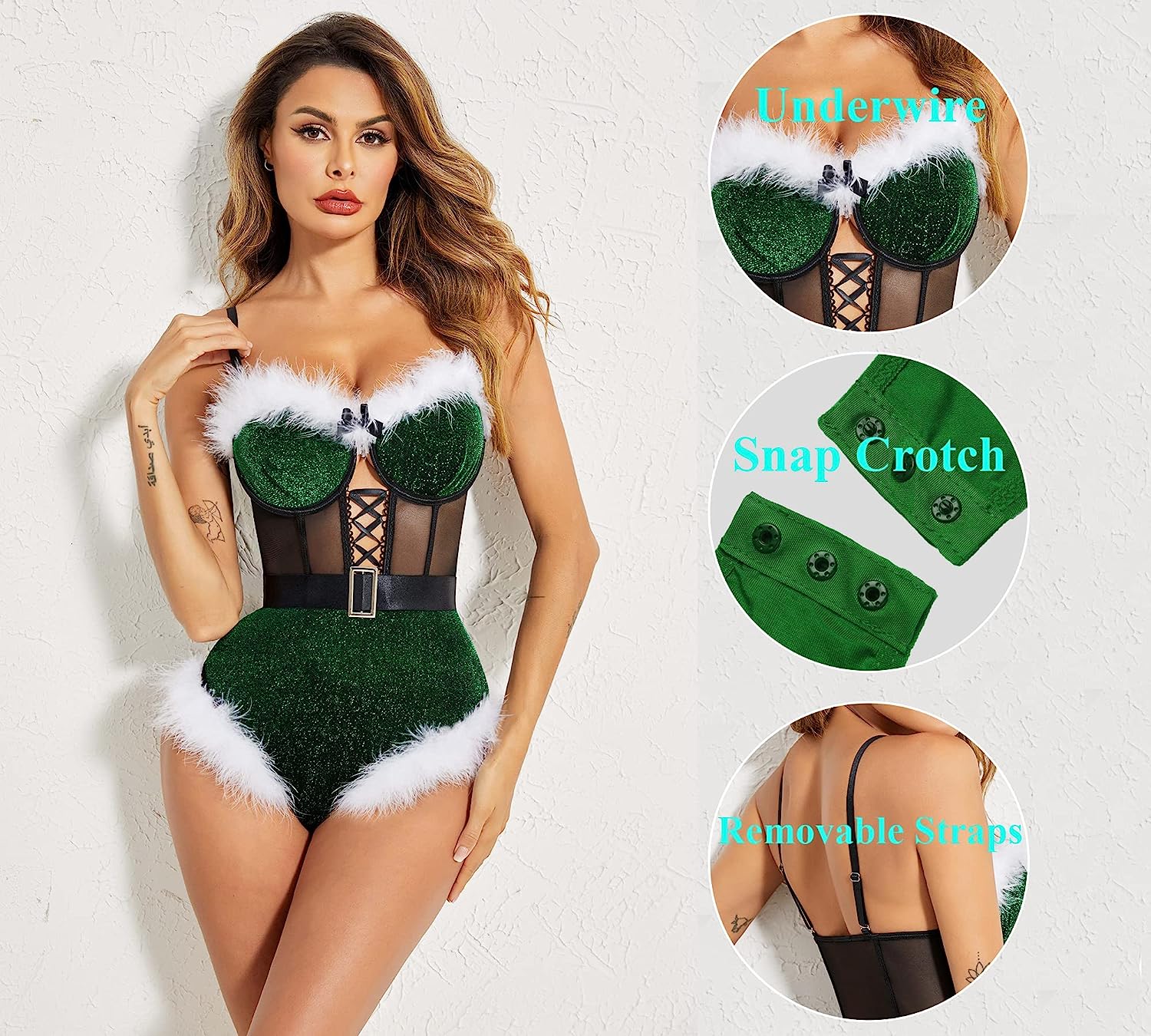 Avidlove Lingerie For Snap Crotch Bodysuit Santa Costumes Deep V Boudior Outfits With Underwire and Belt