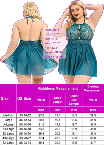 Avidlove Plus Size Dessous für Spitzen-Babydoll-Trägerhemd Neckholder Mesh Nachtwäsche Bandage 