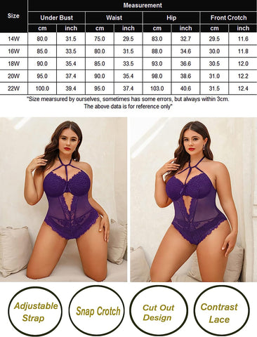 Lencería de talla grande Avidlove para body de encaje, lencería de una pieza, babydoll 