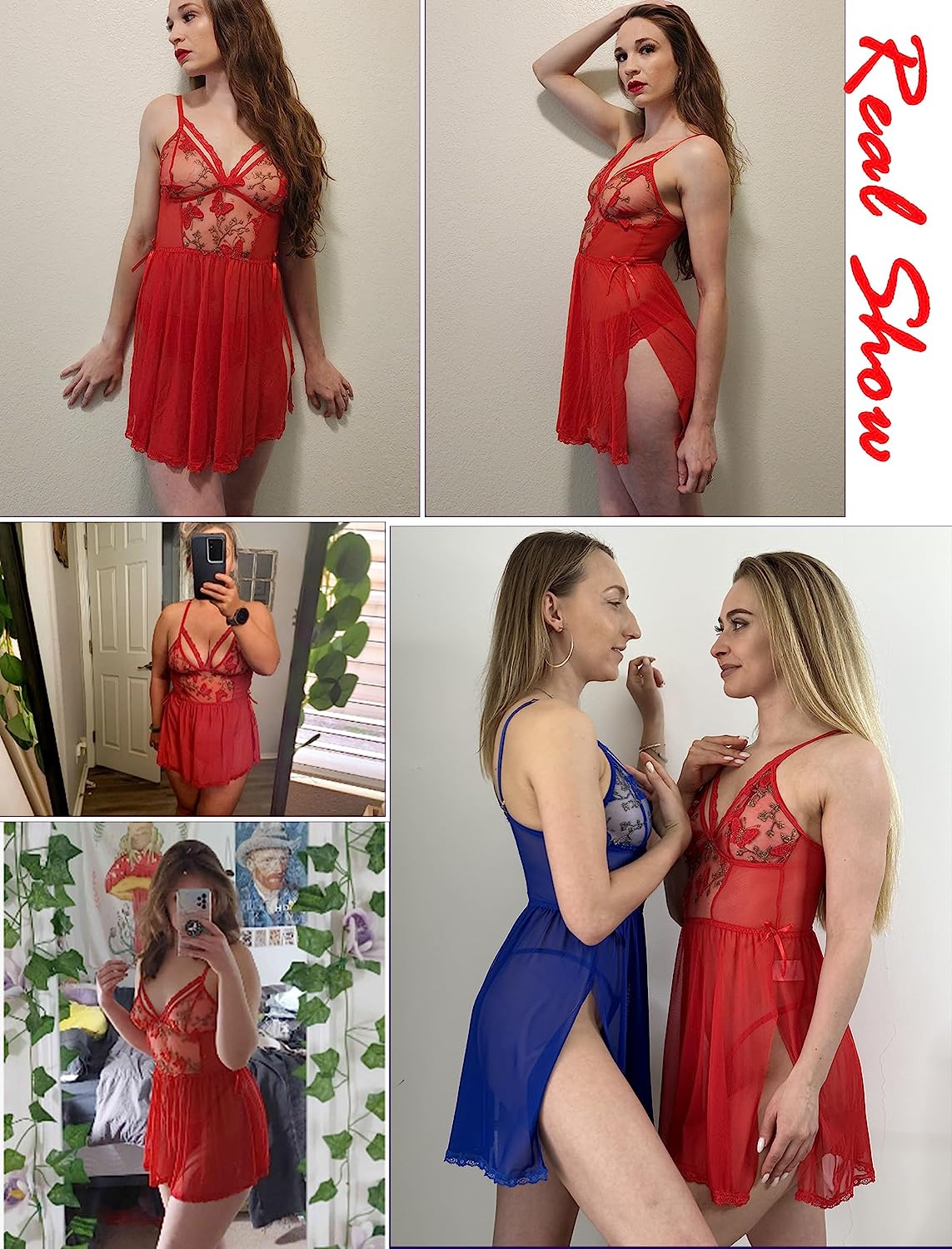 Avidlove Dessous Spitzenhemdchen Blumenstickerei Mesh Babydoll Seitenschlitz Nachtwäsche 