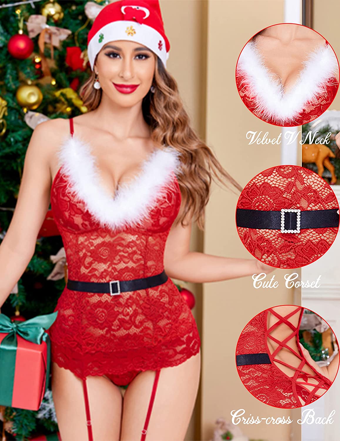 Avidlove Christmas Lingerie Santa Costumes Deep V Teddy Chemise Lace Garter Belt Sets
