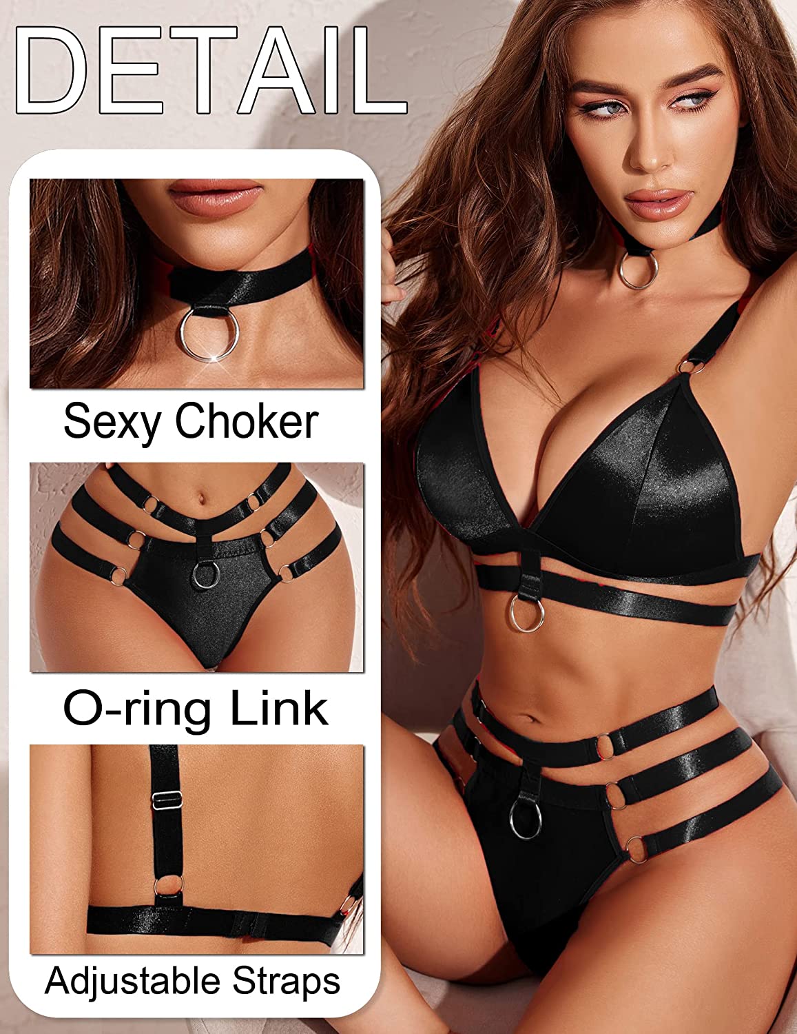 Avidlove Dessous-Set für O-Ring-verbundene, ausgeschnittene Choker-BHs und Höschen-Set, Bondage-Dessous, 3-teilig 