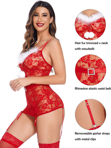 Body de encaje floral con liga y lencería navideña de Avidlove, conjunto de camisón de una pieza con diseño de Papá Noel rojo 