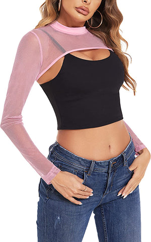 Avidlove Mesh-Crop-Tops für Rollkragen, langärmelig, bauchfreies Top, durchsichtiges Hemd, Top, Clubwear 