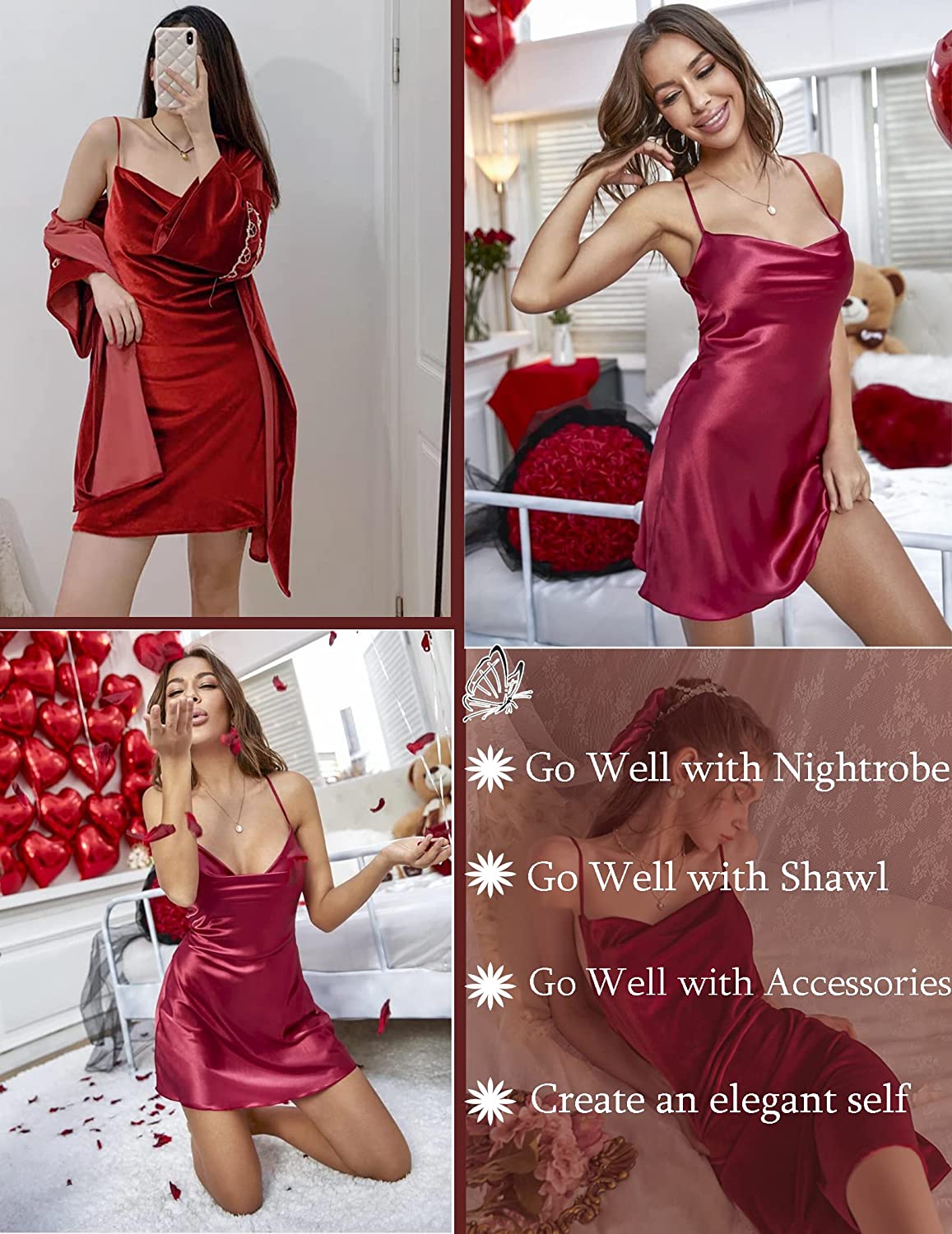 Avidlove Sleepwear Satin Nightgown Chemise Backless Lingerie Full Slip Silk Nightdress Cowl Neck