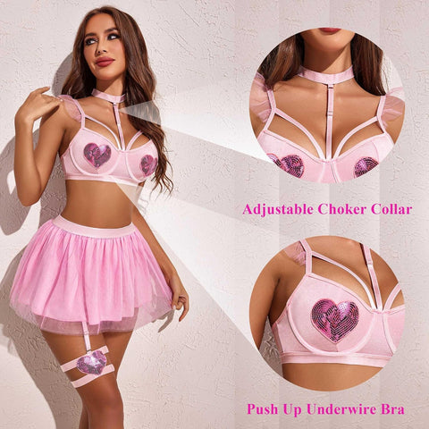 Avidlove Dessous-Set für Halloween-Amor-Kostüme, zweiteilige Push-Up-Dessous-Outfits mit Bügel 