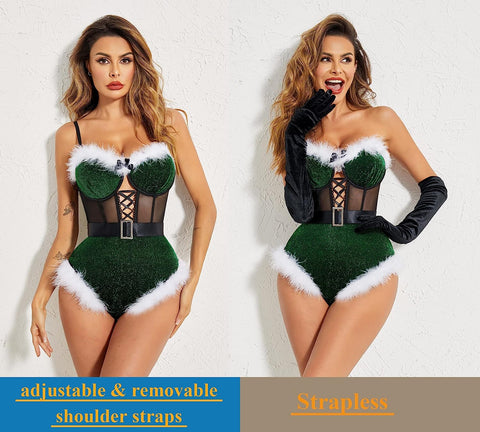 Avidlove Dessous für Bodysuit mit Druckknopfverschluss im Schritt, Weihnachtsmannkostüme, tiefer V-Ausschnitt, Boudior-Outfits mit Bügel und Gürtel 