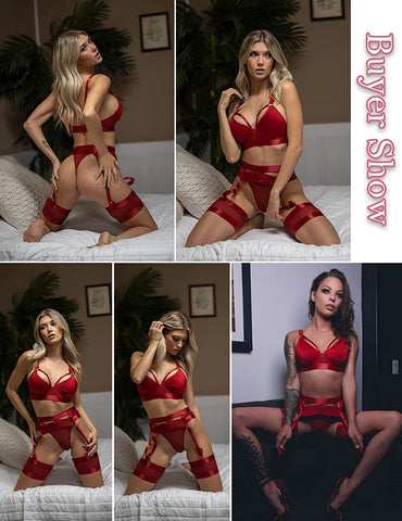 Avidlove Dessous-Set für mit Bügel Riemchen-Dessous Push Up 5-teiliges Dessous-Set mit Strumpfhalter 