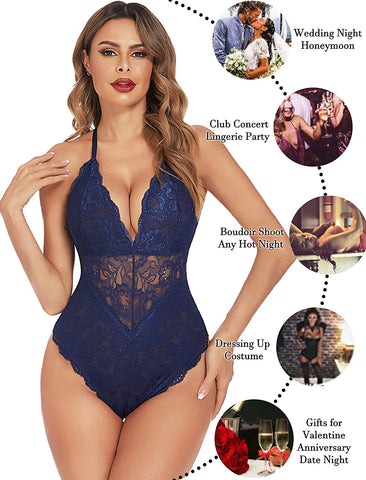 Avidlove Snap Crotch Lingerie Lace Bodysuit Deep V Teddy One Piece Lace Babydoll