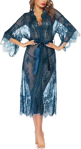 Avidlove Lange Spitzen-Dessous Kimono Robe Transparentes Babydoll-Nachthemd 