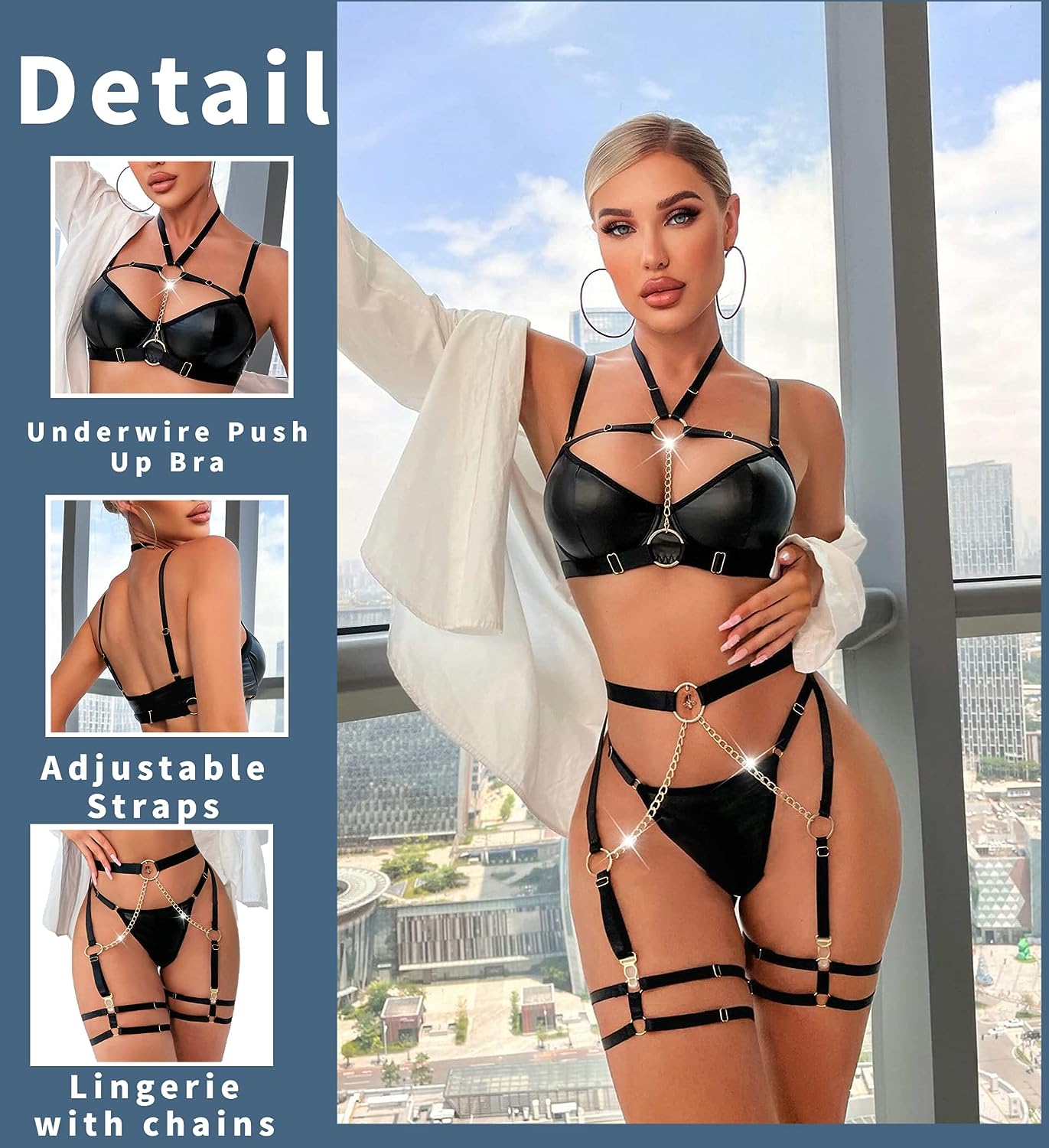 Avidlove Lingerie Set Strappy 5 Piece Lingerie Garter with Underwire Push Up Bra and Chain