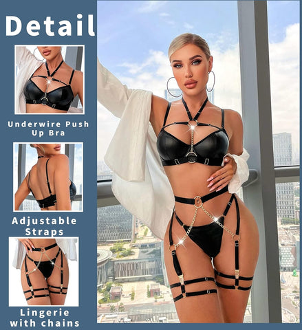 Avidlove Dessous-Set mit Riemchen, 5-teilig, Dessous-Strumpfband mit Bügel, Push-Up-BH und Kette 