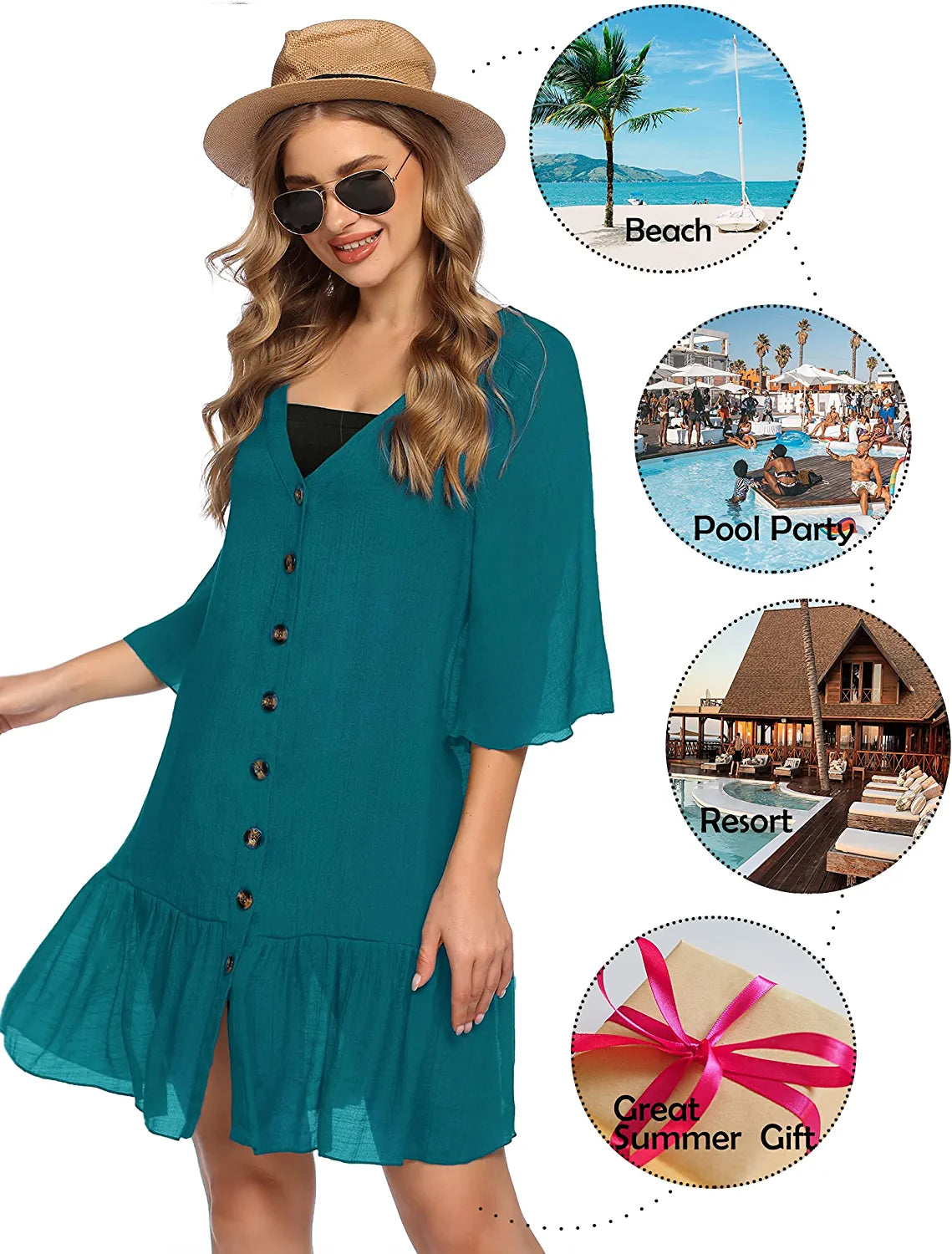Avidlove Casual Swim Cover up V-Neck Summer Beachwear Coverups Flowy Short Sleeve Mini Beach Dress
