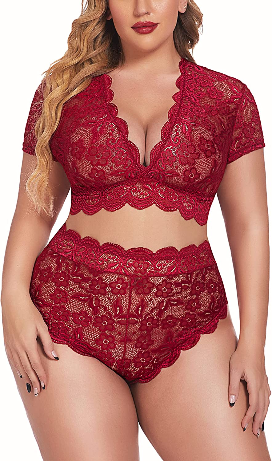 Avidlove Dessous in Übergröße, Plus-Size-Dessous-Set mit floraler Spitze und Muschelsaum, tiefer V-Ausschnitt, durchgehender Spitzen-BH und Höschen-Set, Clubwear 