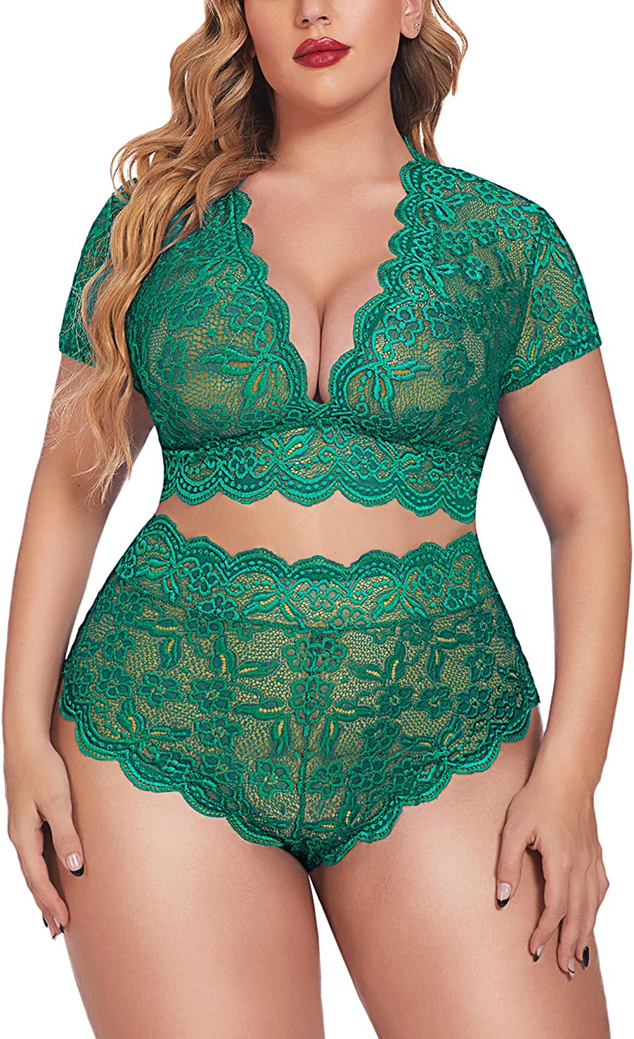 Avidlove Dessous in Übergröße, Plus-Size-Dessous-Set mit floraler Spitze und Muschelsaum, tiefer V-Ausschnitt, durchgehender Spitzen-BH und Höschen-Set, Clubwear 