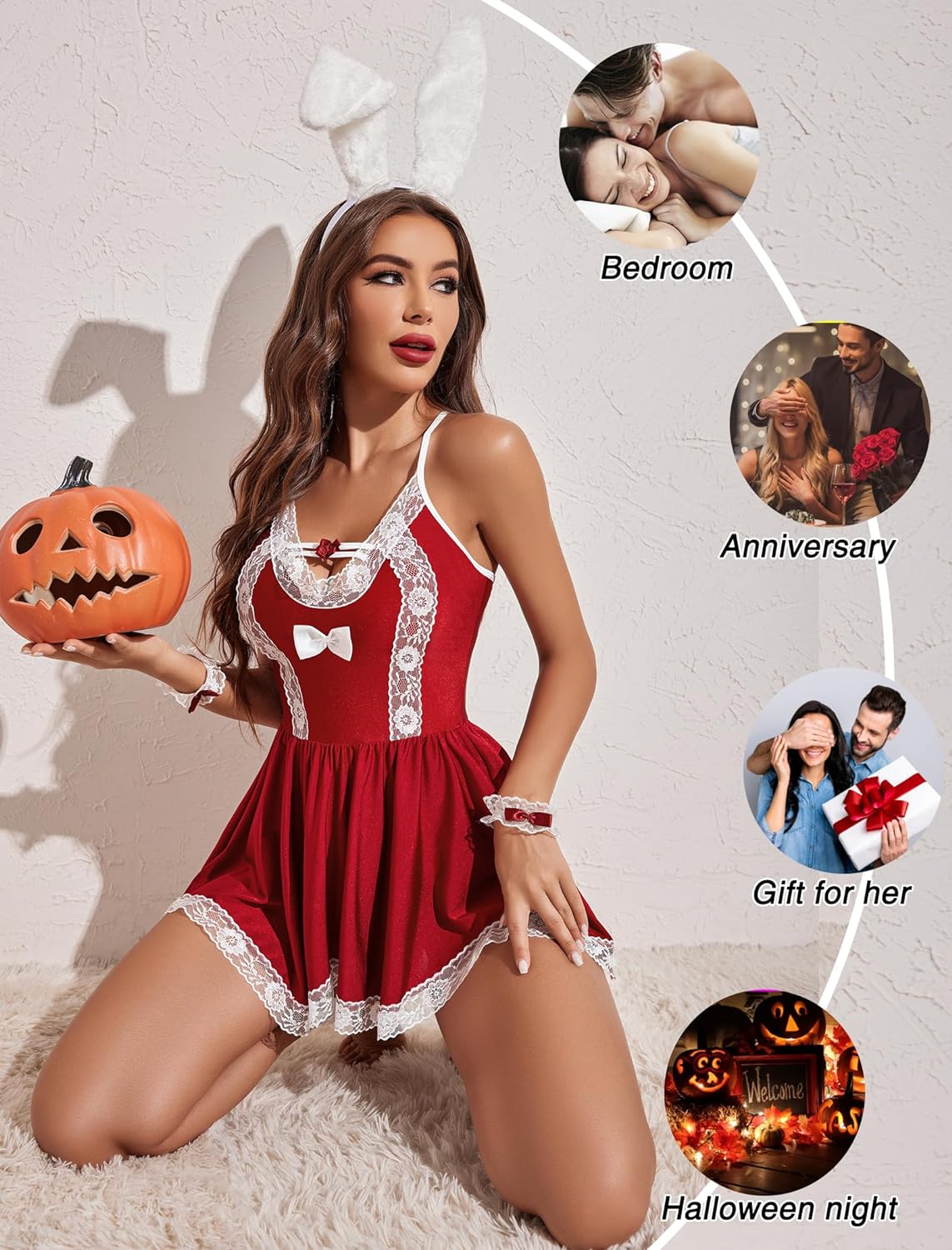 Avidlove Dienstmädchen-Kostüm, Cosplay-Dessous-Set, Netzstoff, Chemise, Babydoll, Spitze, Rollenspiel-Outfit, 4-teiliges Riemchen-Nachtwäsche 