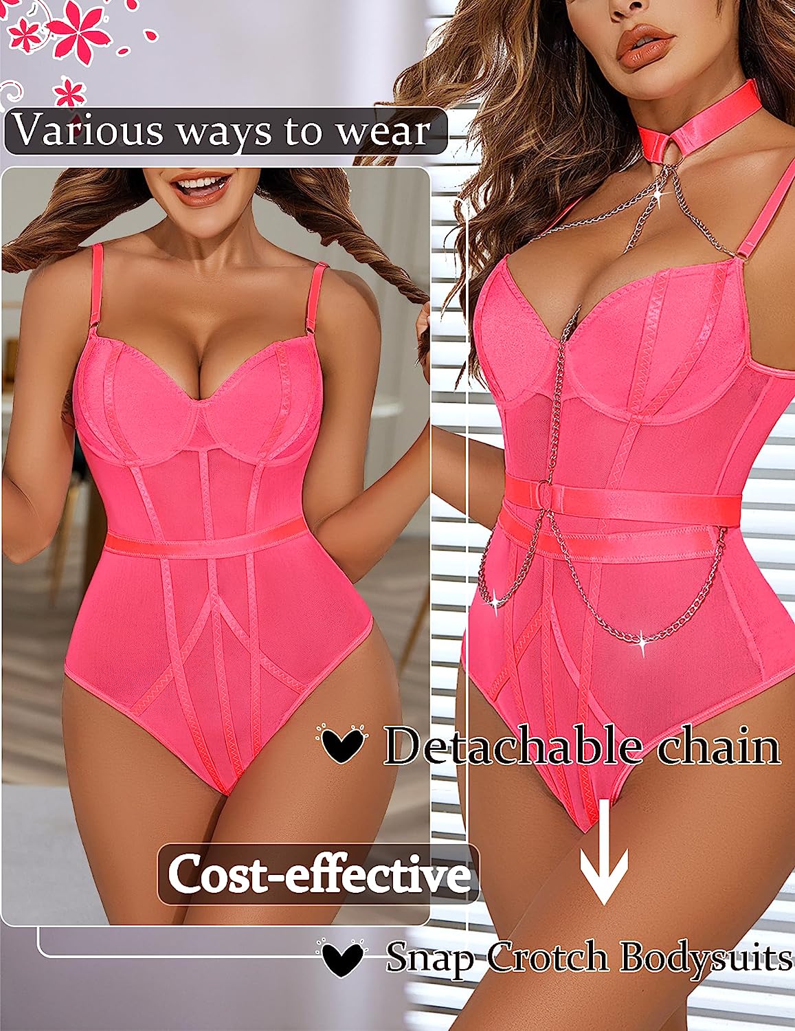 Avidlove Underwire Top Mesh Teddy Bodysuits Snap Crotch Lingerie with Choker Chain S-XXL