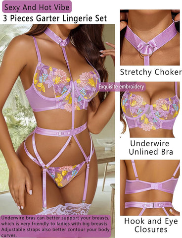 Avidlove Lingerie für bestickte Spitzen-Bügel-Riemchen-BH und Höschen-Set mit abnehmbarem Strumpfband 