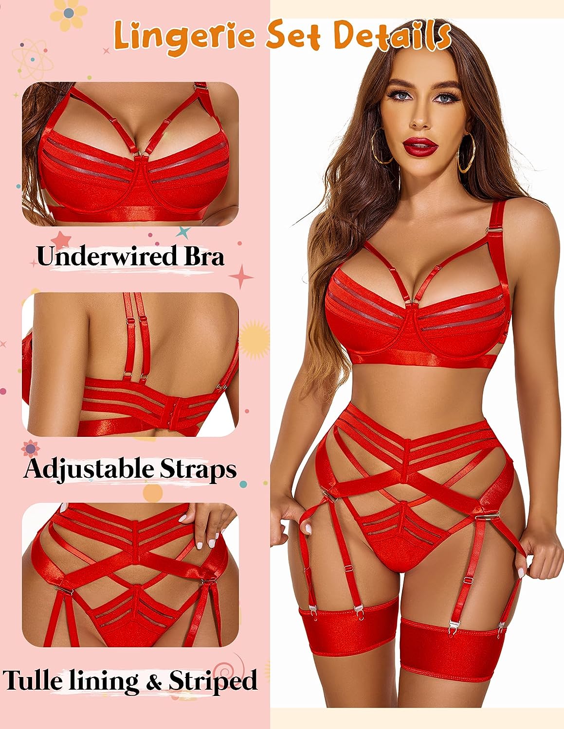 Avidlove Dessous-Set, Riemchen-Dessous mit Bügel, Push-Up-BH, Stütz-Strumpfband-Dessous 