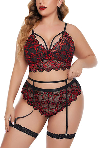 Avidlove Dessous in Übergröße für florale Spitzen-BHs mit Muschelsaum, hohe Taille, Höschen-Set mit Strumpfband