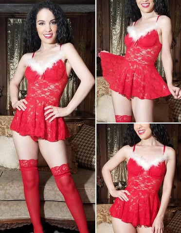 Avidlove Weihnachts-Dessous für den Weihnachtsmann, Babydoll, V-Ausschnitt, Urlaubs-Dessous, Weihnachts-Spitzen-Unterhemdkleid 