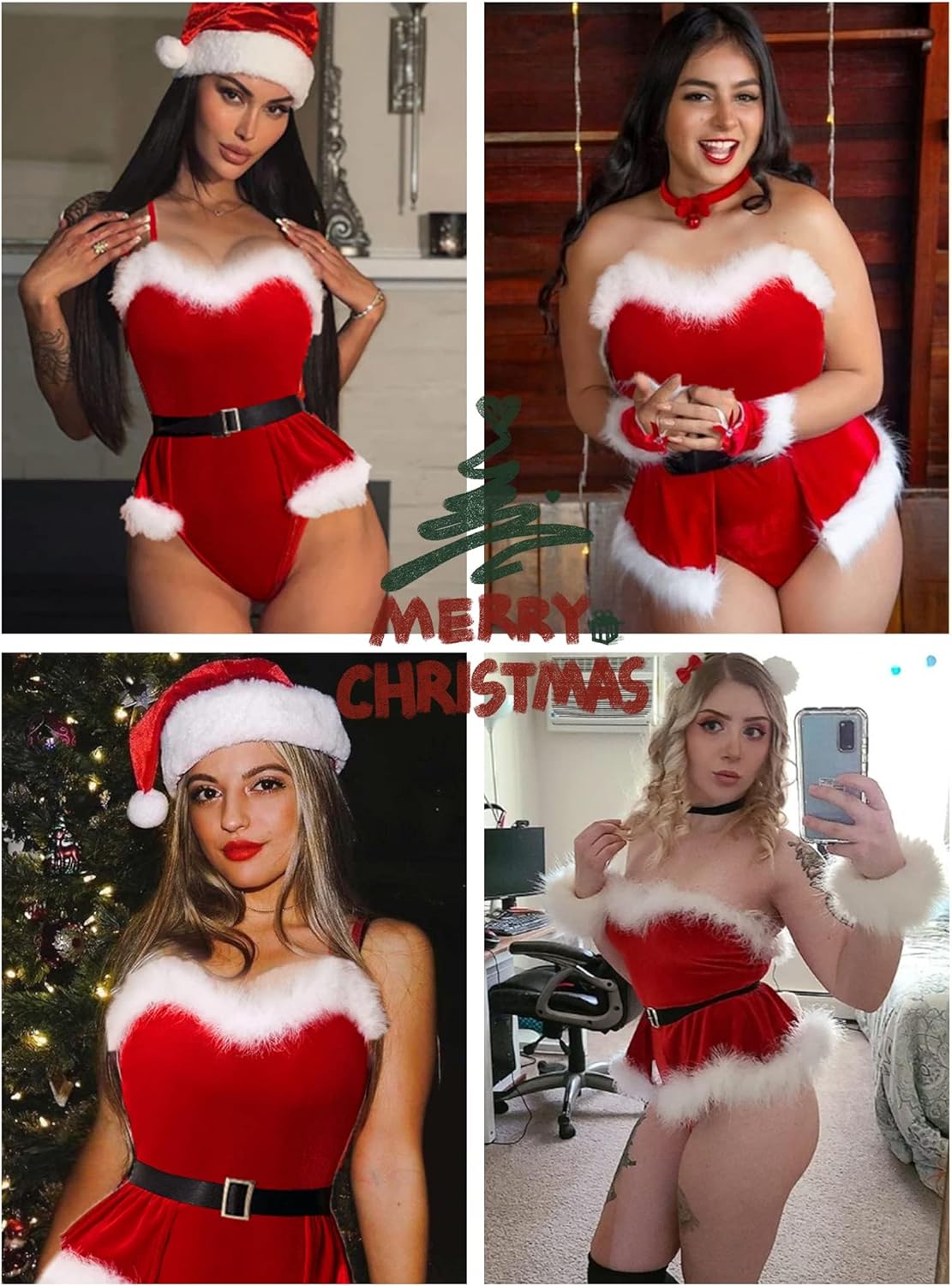 Lencería navideña Avidlove Babydoll de terciopelo Lencería con escote en V Lencería de Papá Noel con cinturón 