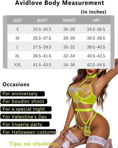 Avidlove Lingerie für bestickte Spitzen-Bügel-Riemchen-BH und Höschen-Set mit abnehmbarem Strumpfband 