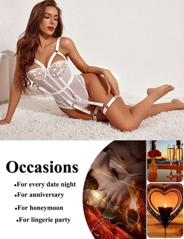 Avidlove Teddy-Dessous mit Strumpfhalter, einteilig, freche Riemchen-Dessous, exotischer Spitzen-Bodysuit 