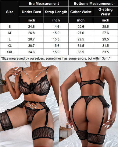 Avidlove Strumpfband-Set Dessous für Fischnetz Bügel Spitze 4-teilige Sets Ketten-BH S-XXL 