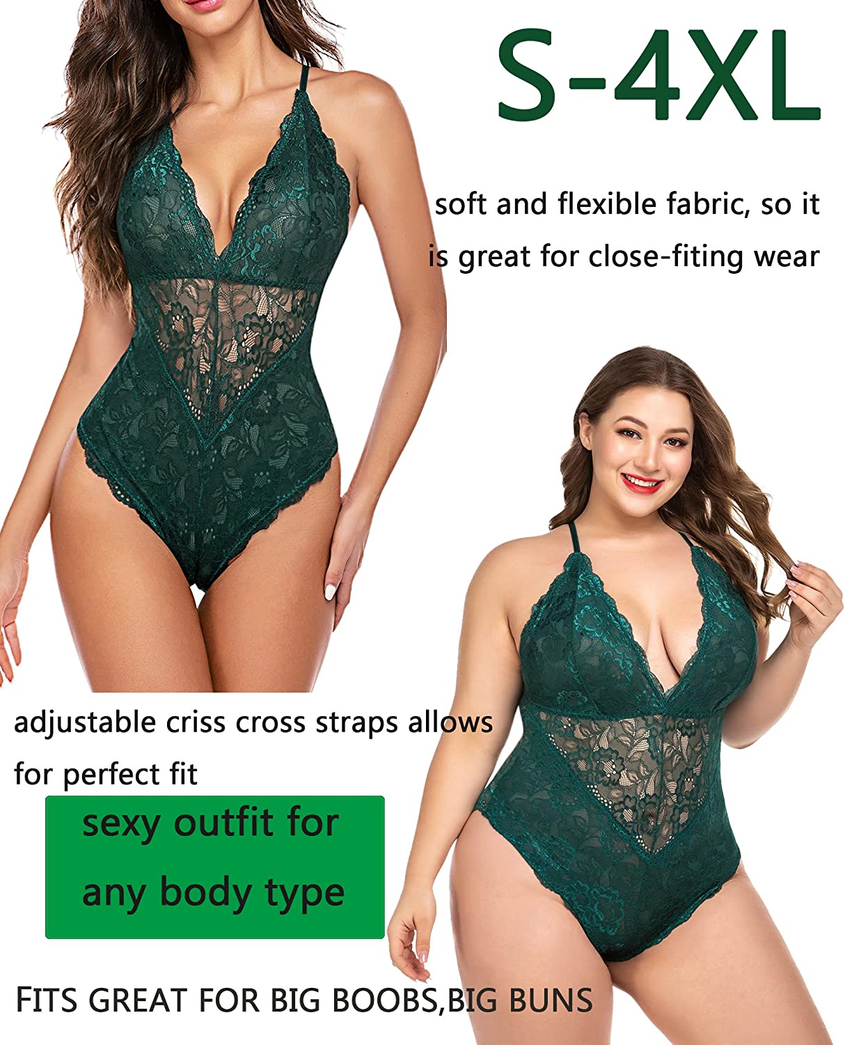 Avidlove Snap Crotch Lingerie Lace Bodysuit Deep V Teddy One Piece Lace Babydoll