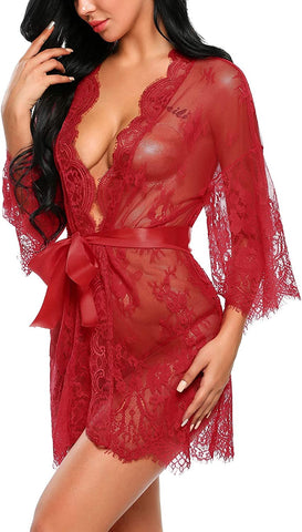 Avidlove Spitzen-Kimono-Bademantel, Babydoll, Dessous, Netz-Nachthemd, S-5XL 