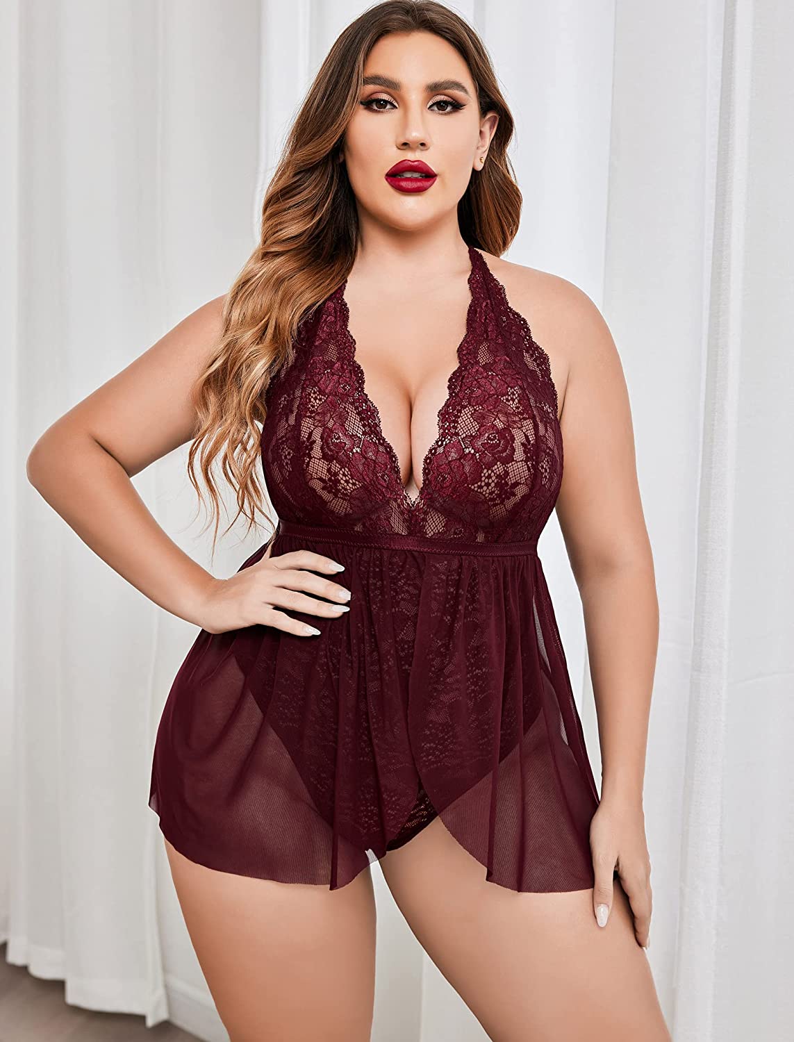 Lencería Babydoll de talla grande Avidlove con entrepierna a presión y encaje, camisón de malla con escote halter, 14-24 W 