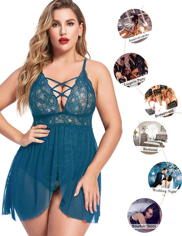 Avidlove - Babydoll de talla grande con entrepierna a presión, lencería con escote en V y encaje, ropa de dormir de talla grande (L-4XL)