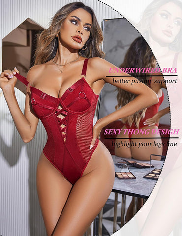 Avidlove Dessous-Body aus Netzstoff, Teddy, Bügel, Spitze, einteilig, Babydoll mit Druckknopf im Schritt, S-XXL 