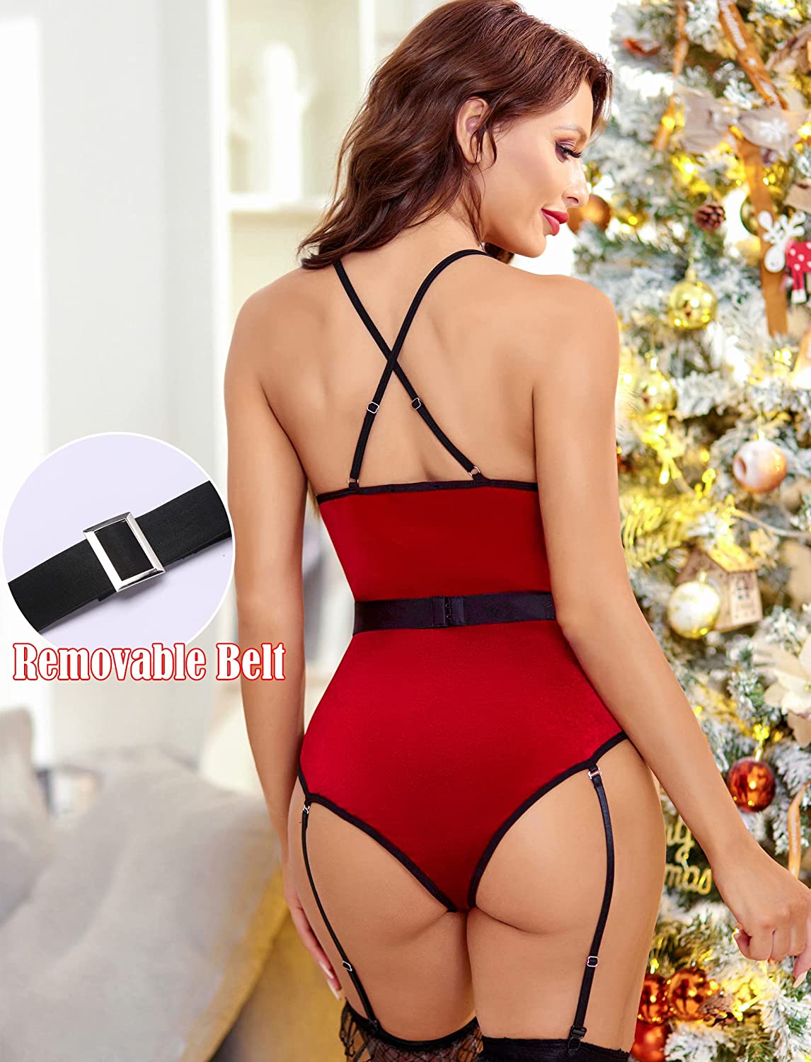 Avidlove Weihnachts-Dessous für Samt-Teddy-Bodys, Babydolls, Chemise-Set mit Strumpfhaltern 