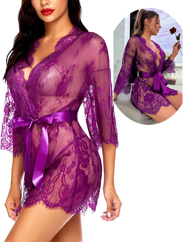 Avidlove Spitzen-Kimono-Bademantel, Babydoll, Dessous, Netz-Nachthemd, S-5XL 