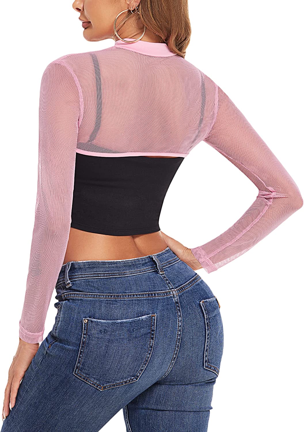 Avidlove Mesh-Crop-Tops für Rollkragen, langärmelig, bauchfreies Top, durchsichtiges Hemd, Top, Clubwear 