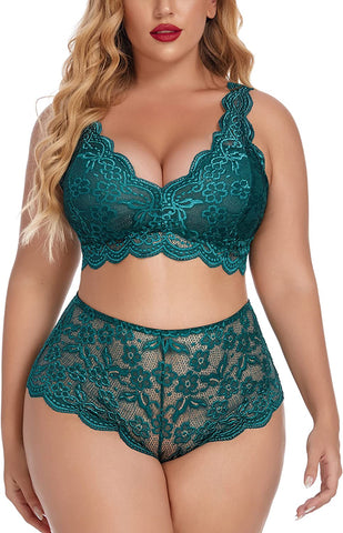 Conjunto de lencería de talla grande Avidlove con encaje, bralette con cuello halter y bragas de cintura alta 