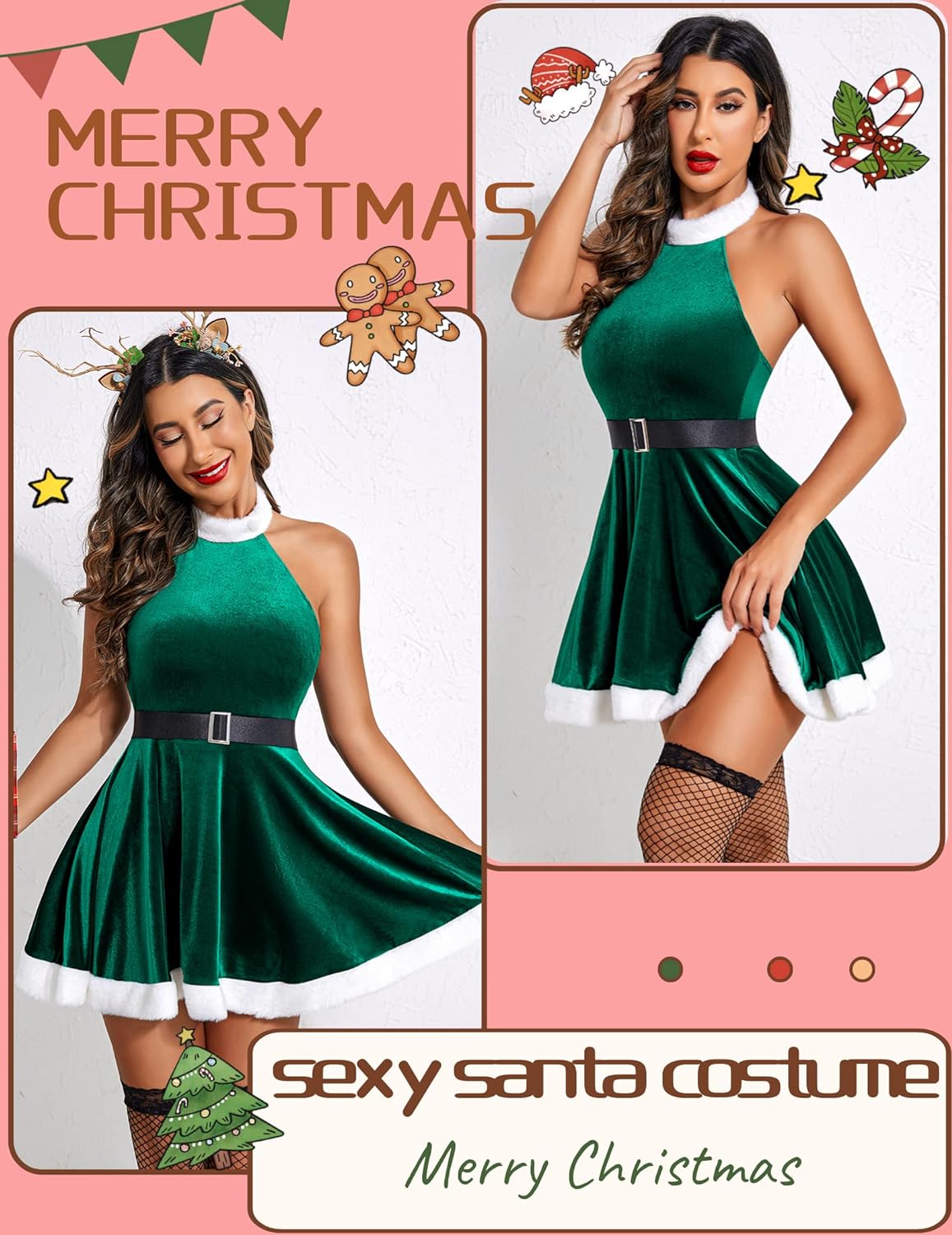 Avidlove Neckholder-Minikleid Weihnachtskleid A-Linie Samt Partykleid Weihnachtsmannkleid 