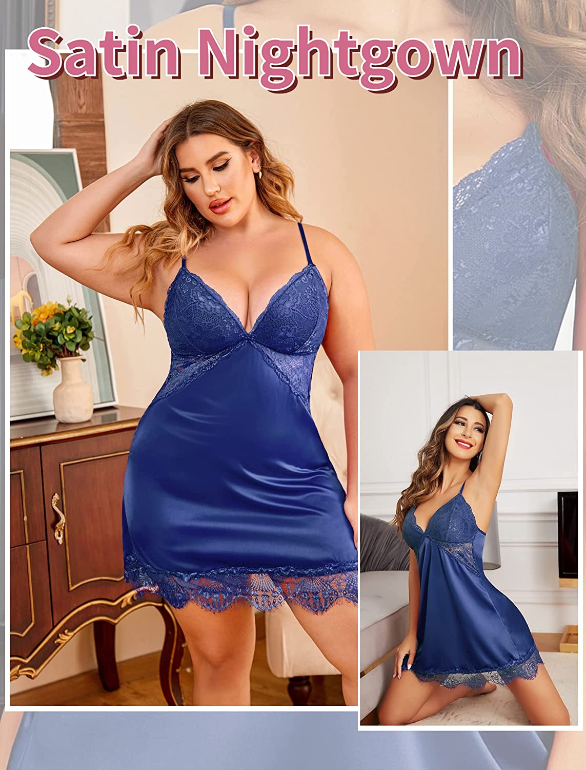 Avidlove Seidennachthemd Spitze Nachtwäsche Satin Ärmelloses Chemise Kleid