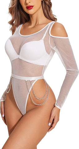 Avidlove Bodysuit für Netzoberteile, kalte Schultern, langärmelige Hemden, Taillenketten, Druckknopf-Schritt, Teddy-Dessous 